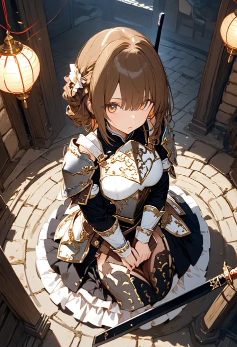 (((Knight of Cakes)))、The personification of a cake、Cookie Armor 、((big black sword))、((swordsman))、There's a big sword stuck in the floor、Beautiful girl、brown hair、Candy Castle、 Cookie Bricks、((from above:1.2)),The Knights in Armor、strong pose、Cream dance...