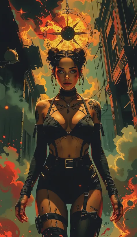 Impressionist surrealism, photo-realistic bizarre portrait of a beautiful, majestic caucasian half blac lady, graceful yet an outcast, radiating an eldritch aura and mysterious supernatural power. Her deep golden-brown skin glows with lifelike detail. She ...