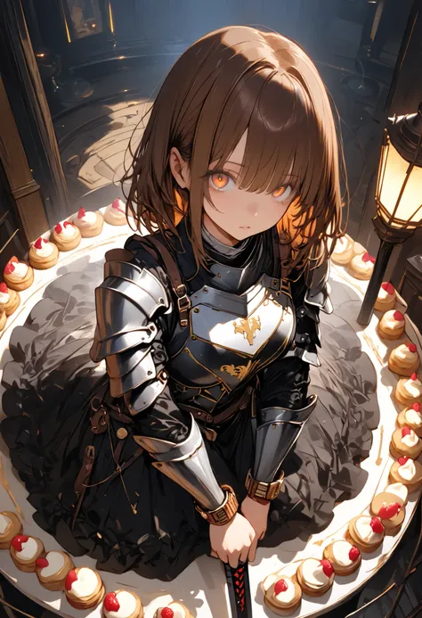 (((Knight of Cakes)))、The personification of a cake、Cookie Armor 、((big black sword))、((swordsman))、There's a big sword stuck in the floor、Beautiful girl、brown hair、Candy Castle、 Cookie Bricks、((from above:1.2)),The Knights in Armor、strong pose、Cream dance...