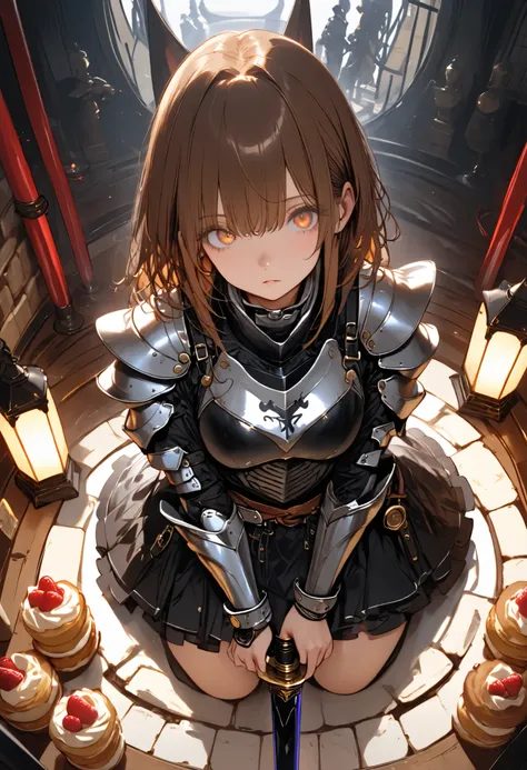 (((Knight of Cakes)))、The personification of a cake、Cookie Armor 、((big black sword))、((swordsman))、There's a big sword stuck in the floor、Beautiful girl、brown hair、Candy Castle、 Cookie Bricks、((from above:1.2)),The Knights in Armor、strong pose、Cream dance...