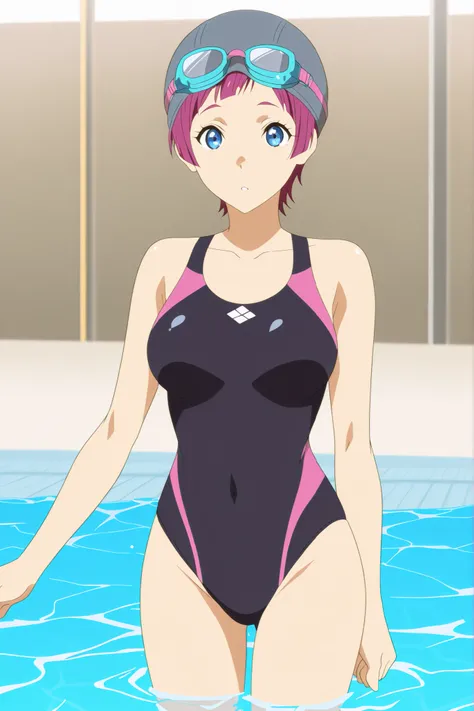 Anime style Free! - Iwatobi Swim Club, blue eyes, complete body, The image shows a girl with a short bob haircut in pink, similar to the style of "Free! Iwatobi Swim Club" and with bangs resembling those . Her bangs are cascading to the side, thin, and hav...