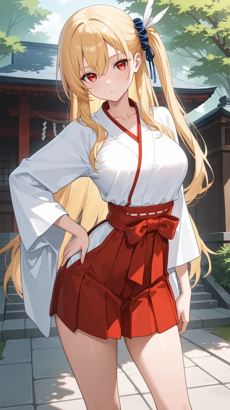 masterpiece,best quality,highre,ultra-detailed,detailed illustration,source_anime,1woman,solo,sen3alisa,blonde hair,side ponytail,long hair,red eyes,highly detailed eyes,scrunchie,feather hair ornament,collarbone,miko,red hakama short skirt,outdoor,contrap...