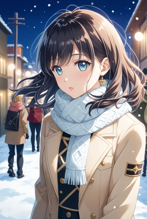 A 28-year-old Japanese woman standing near the Sapporo streetcar in a snowy evening cityscape, soft snow falling under warm amber lights, cinematic lighting, gentle expression, cozy winter outfit (beige coat, knit scarf, gloves), delicate hair blowing in t...