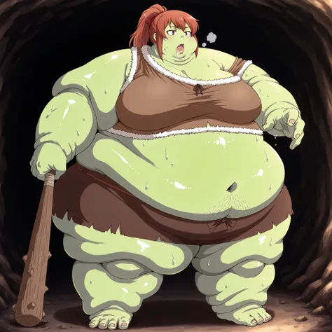 mikaisksmpn, red eyes,
 addmicrodetails, Becoming a orc, monster, Orc, Female Orc, green skin, tusks, Orc, fangs, 1girl, fur, rags, brown crop top, fur trim crop top, single off shoulder, midriff, navel, brown miniskirt, fur trim miniskirt, blank_stare, em...