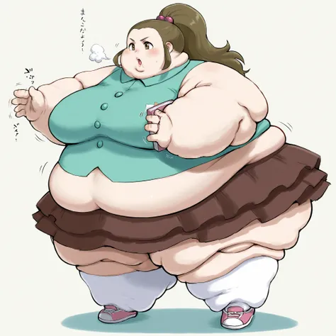 schoolkid time,hair bobbles,sleeveless shirt,brown skirt,kneehighs, sneakers, fat, chubby, obese, fat neck, multiple chins, big breasts open mouth, out of breath, Larger female, full body shot, only head, large head, oversized limbs, large hands, large fee...