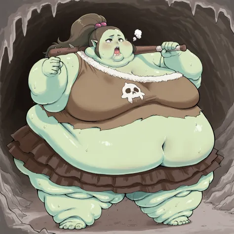 schoolkid,hair bobbles, Becoming a orc, monster, Orc, Female Orc, green skin, tusks, Orc, fangs, 1girl, fur, rags, brown crop top, fur trim crop top, single off shoulder, midriff, navel, brown miniskirt, fur trim miniskirt, blank_stare, empty_stare, fat, c...