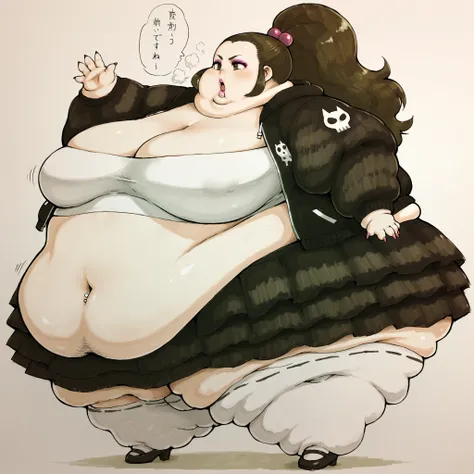 schoolkid,hair bobbles, furr jacket, tube top, midriff, belly button piercing, skirt, stockings, high heels, long nails, makeup, lipstick, fat, chubby, obese, fat neck, multiple chins, big breasts open mouth, out of breath, Larger female, full body shot, o...