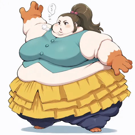 Hariyama_pkmn, orange hands, orange feet, orange abdomen, yellow frills, blue legs, blue eyebrows, three fingers, schoolkid,hair bobbles, fat, chubby, obese, fat neck, multiple chins, big breasts open mouth, out of breath, Larger female, full body shot, on...
