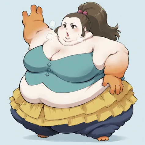 Hariyama_pkmn, orange hands, orange feet, orange abdomen, yellow frills, blue legs, blue eyebrows, three fingers, schoolkid,hair bobbles, fat, chubby, obese, fat neck, multiple chins, big breasts open mouth, out of breath, Larger female, full body shot, on...