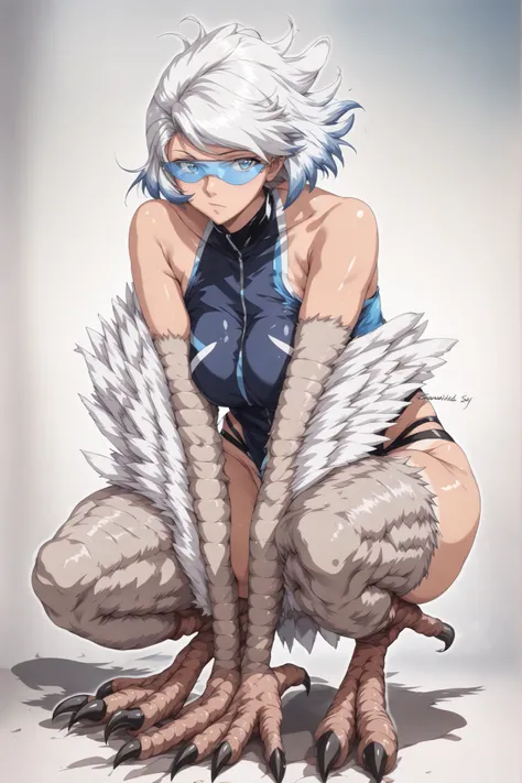 (((Character appearing to be around 30 years old, age 30)))
(((Harpy woman with a dungeon monster body)))
(((Feather-white hair with rounded tips, medium-length windswept hair with spiky strands)))
(((Soft tawny skin, harpy skin tone)))
(((Stylish ...