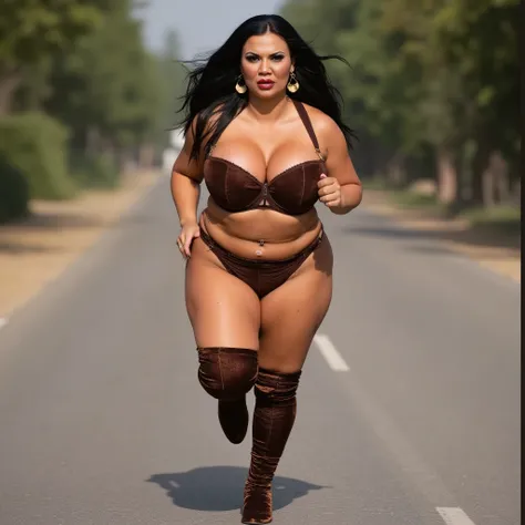 full body shadow of road .full body closeup image .Mature chubby thick women running very fast sprinting on empty indian road. Full body shadow on floor. Tall Thick body woman in brown horizontal  pattern velvet bra. Matching brown solid velvet high cut st...