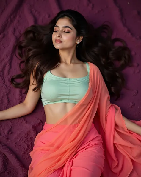anaswarasdxl, Full body image of an Indian girl with fair skin tone, thin eyebrows, silver eyeshadow, natural blush, and red lipstick. Her hairs are long, brown, wavy and stylish. She is wearing a sheer two-toned chiffon saree transitioning from mint-green...