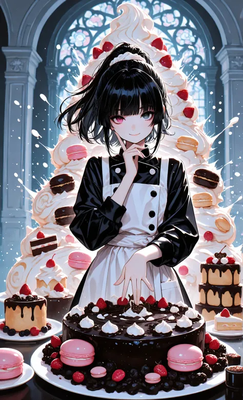 masterpiece, best quality, very aesthetic, absurdres, 1girl, solo, ponytail black hair, hime cut, detailed eyes, heterochromia, wearing a stylized black pastry chef uniform with white apron, dramatic pose, throwing a giant cream puff, splattering whipped c...