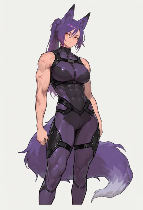 gorgeous kitsune girl, beautiful face, kitsune, purple color hair, hunter girl, orange eyes, detailed eyes, personalami style, volputrous body, covered breasts, curvy and athletic, kitsune ears, ponytail hair, fox tail, lean muscles, torso and legs wrapped...
