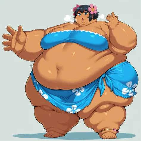 defPhoebe, black hair, blue eyes, dark skin, hair flower, pink flower, blue tube top, strapless, midriff, blue sarong, blue skirt, anklet, barefoot, fat, chubby, obese, fat neck, multiple chins, big breasts open mouth, out of breath, Larger female, full bo...
