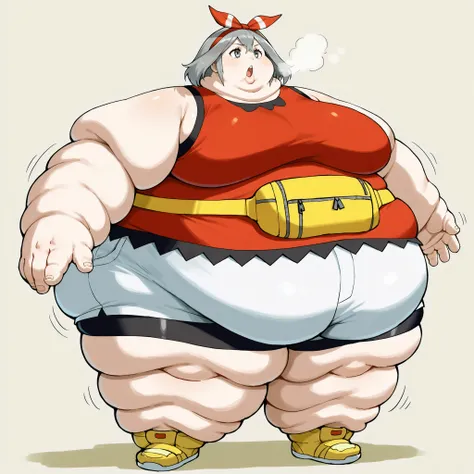 Mayoras, grey eyes
1default1, red hairband, bow hairband, red shirt, sleeveless, white shorts, bike shorts under shorts, yellow footwear, fanny pack, yellow bag, fat, chubby, obese, fat neck, multiple chins, big breasts open mouth, out of breath, Larger fe...
