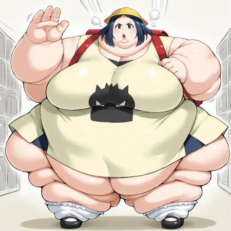tmgrnt, dark blue hair, forehead, dark blue eyes, big breasts, very short skirt, dress,yellow school hat,vinyl red school backpack,bobby socks,mary janes,school, fat, chubby, obese, fat neck, multiple chins, big breasts open mouth, out of breath, Larger fe...