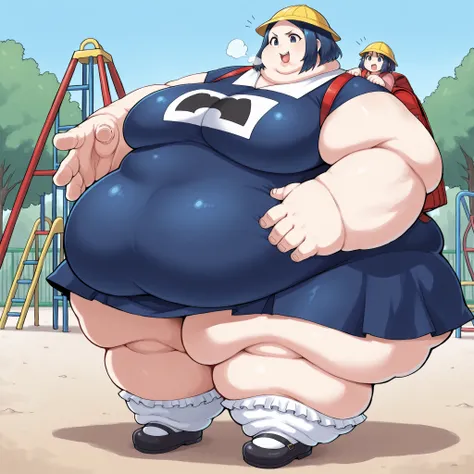 tmgrnt, dark blue hair, forehead, dark blue eyes, big breasts, very short skirt, dress,yellow school hat,vinyl red school backpack,bobby socks,mary janes,school, fat, chubby, obese, fat neck, multiple chins, big breasts open mouth, out of breath, Larger fe...