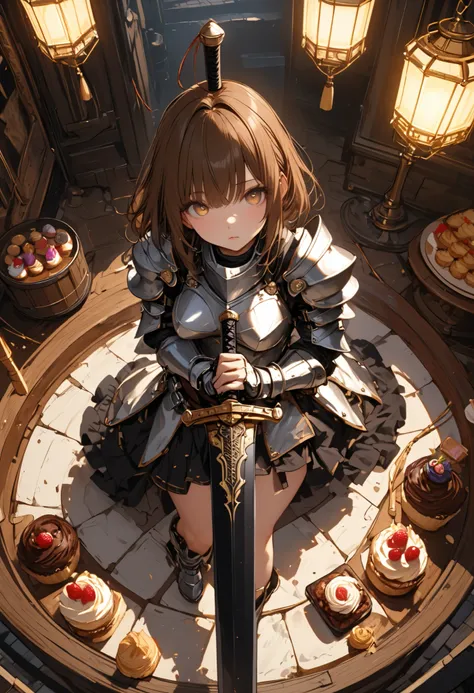 (((Knight of Cakes)))、The personification of a cake、Cookie Armor 、((big black sword))、((swordsman))、There's a big sword stuck in the floor、Beautiful girl、brown hair、Candy Castle、 Cookie Bricks、((from above:1.2)),The Knights in Armor、strong pose、Cream dance...