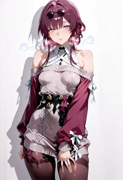 score_9, score_8_up, score_7_up, score_6_up, source_anime, rating_explicit, 1girl, solo, kafka, eyewear on head, round eyewear, purple eyes, purple hair, long hair, white ribbon, sweater dress, purple sweater, grey sweater, long sleeves, brown pantyhose, p...