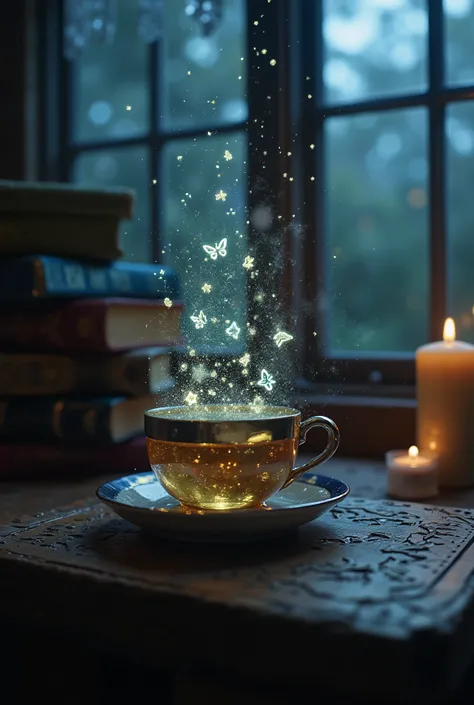 Ultra-detailed close-up focus on a magical tea cup glowing softly in the dark. Night scene inside a cozy fairy bedroom: floating dust particles, tiny luminescent motes, enchanted books stacked in the background, warm candlelight reflections. The tea emits ...