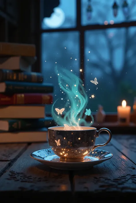 Ultra-detailed close-up focus on a magical tea cup glowing softly in the dark. Night scene inside a cozy fairy bedroom: floating dust particles, tiny luminescent motes, enchanted books stacked in the background, warm candlelight reflections. The tea emits ...