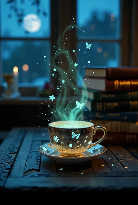 Ultra-detailed close-up focus on a magical tea cup glowing softly in the dark. Night scene inside a cozy fairy bedroom: floating dust particles, tiny luminescent motes, enchanted books stacked in the background, warm candlelight reflections. The tea emits ...