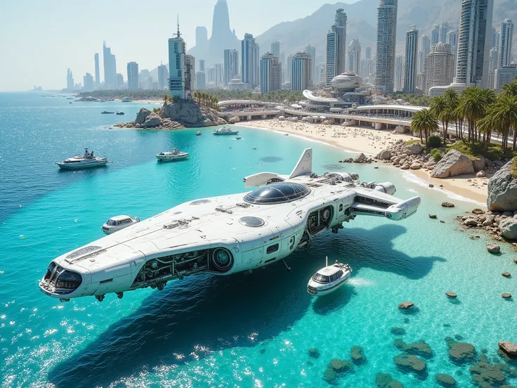 pinkmechalux, A breathtaking, ultra-detailed depiction of a futuristic coastal city, featuring a massive, sleek white spacecraft hovering over crystal-clear turquoise waters. The spacecraft is aerodynamically designed with an elongated body and pronounced ...