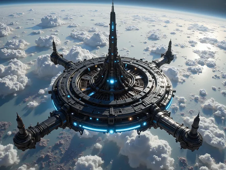 pinkmechalux, A breathtaking view of a colossal, futuristic spacecraft/orbital station in orbit around **Earth**. The central spire is obsidian black, reflecting the planetary light with subtle iridescence. The circular base features intricate geometric p...