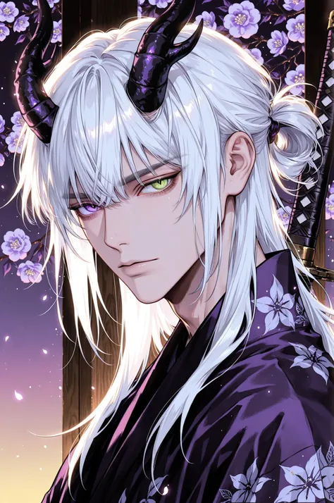 1boy, SOLO, adult, male focus, light skin, long hair, wolf cut hairstyle, bangs, side hair clasps, white hair, dragon horns,heterochromia, Purple and :Green eyes, slit pupils, katana, wearing yukata, looking at viewer, closeup, garden Japanese theme