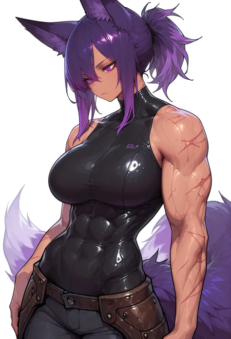 gorgeous kitsune girl, beautiful face, kitsune, purple color hair, slit pupils, detailed eyes, volputrous body, covered breasts, curvy and athletic, hair tied in a ponytail, black bodysuit, pants, leather armor, bare arms and neck, scars on arms, light abs...