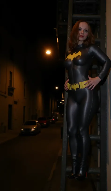 Nighttime. dark ,sexy full body shot of Christina Ricci with dark red hair, viewed from directly above, dressed as batgirl wearing a full length (((charcoal gray rubber bodysuit)))that is molded to fit her body perfectly, looks painted on, smooth breasts,...