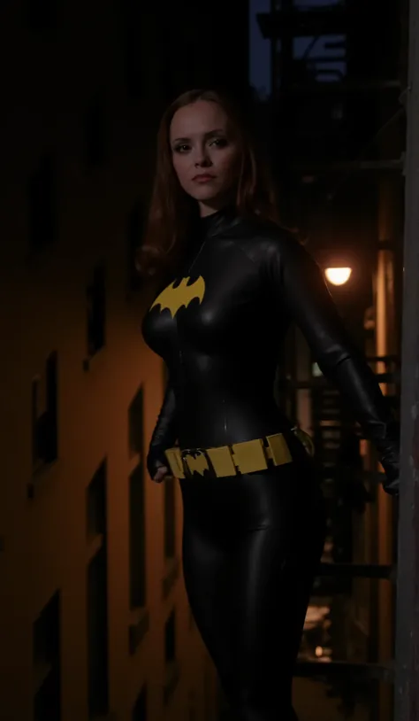 Nighttime. dark , full body shot of Christina Ricci with dark red hair viewed from directly above, dressed as batgirl wearing a full length black bodysuit with a yellow batgirl symbol on the chest, she stands several stories up, on a metal fire escape lad...