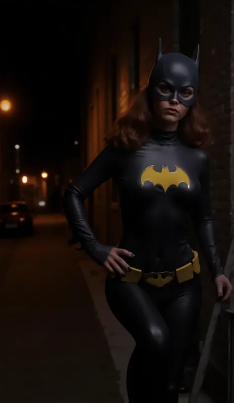 Nighttime. dark ,sexy full body shot of Christina Ricci with dark red hair, viewed from directly above, dressed as batgirl wearing a full length (((charcoal gray rubber bodysuit)))that is molded to fit her body perfectly, looks painted on, smooth breasts,...