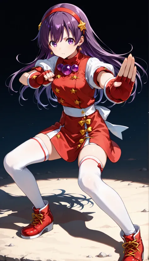 ((asamiya athena))，((傑作:1.3))，((最高品質:1.4))，((purple eyes, purple hair, long hair, red hairband, earrings, red vest, red pencil miniskirt, gloves, red gloves, fingerless gloves, white thighhigh socks, red shoes))，廃墟の背景，薄暮，強い風，逆光，カウボーイショット，非常に美的 ，決意の表情，((fig...