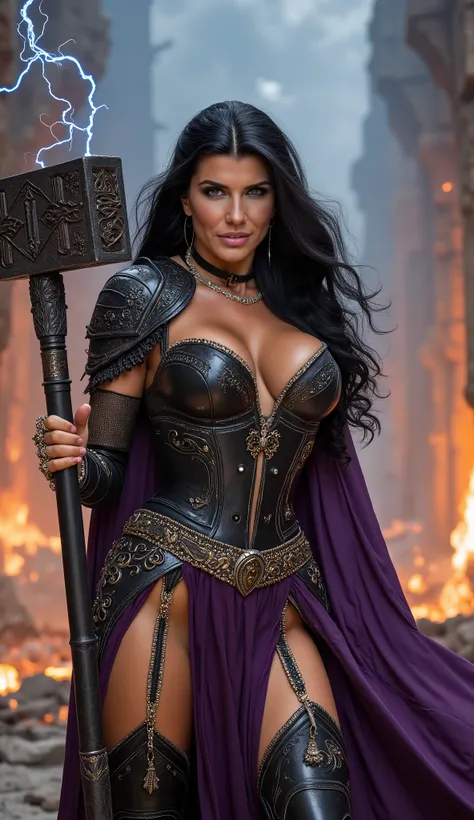 A dynamic mid-shot, from the waist up, of a confident warrior queen + (((seductive smile))) + (((hourglass figure, Big breasts))) + (((keep the exact face details, hair details and hair colour of the selected LoRA))), she is looking directly at the viewer....