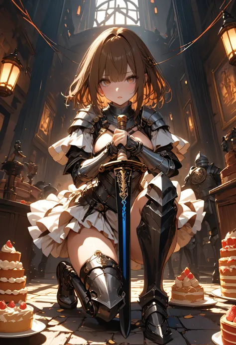 (((Knight of Cakes)))、The personification of a cake、Cookie Armor 、((big black sword))、((swordsman))、There's a big sword stuck in the floor、Beautiful girl、brown hair、Candy Castle、 Cookie Bricks,The Knights in Armor、strong pose、Cream dances、Lantern Light、(ma...