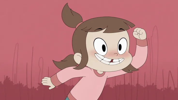 a_ey, missing tooth, 1girl, black eyes, brown hair, bangs, ponytails, high ponytail, elastic band,longsleeve, pants, sneakers, folded, looking at viewer, embarrassed, happy,