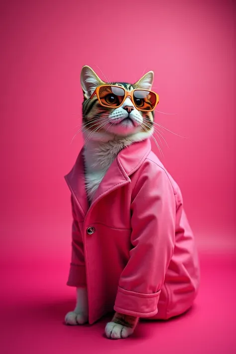 The best mobile wallpaper，Award-winning wallpaper，Portrait Photography，Frontal View is a cute cat dressed in mid-1960s space age fashion，Side View Photo，shot with Canon EOS R5，Set Strong Contrast Highlight Subject，Fluorescent Pink，Show Modern 1960s Style i...