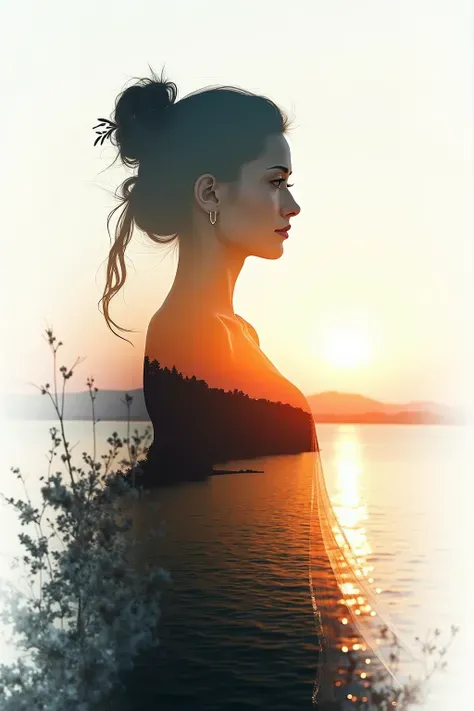 High quality，8K Ultra HD，美丽的Doubleexposure，combines the silhouette of the goddess with the sunset coast，The sunset coast should be used as the bottom background，details are incorporated into the goddess's silhouette，Clear lines，The background is monochroma...