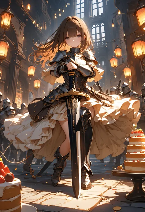 (((Knight of Cakes)))、The personification of a cake、Cookie Armor 、((big black sword))、((swordsman))、There's a big sword stuck in the floor、Beautiful girl、brown hair、Candy Castle、 Cookie Bricks,The Knights in Armor、strong pose、Cream dances、Lantern Light、(ma...
