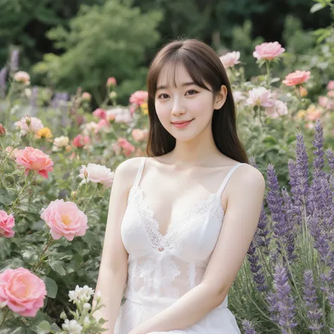 girl in garden ,SGWN18clothing, sheer white lingerie with lace,Flowers々with F cup breasts、natural light、Clear Day、in a beautiful English garden A top smiling Japanese idol who enjoys gardening while being surrounded by colorful flowers such as roses and l...