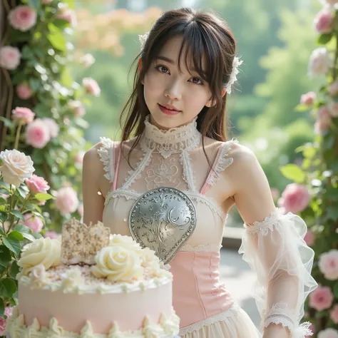 Top Japanese idol standing on cream cake、Decorative silver breast plate reminiscent of medieval knights、Creative miniskirt stage costume combining lace、 BREAK, Pastel colored dress with widening hems、Fresh cream flowing all over the body、surprised expressi...
