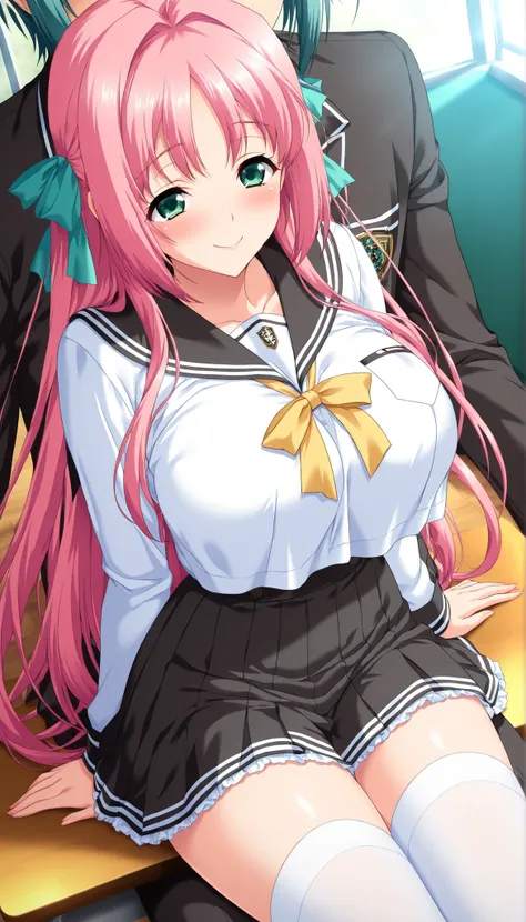 masterpiece, best quality, good quality, 1 girl, Akino Miya, green eyes, pink hair, long hair, parted in middle, twin braids, teal hair ribbon, large medium breast, beautiful breast, perfect ratio, slim, game cg style, blush, horny, slutty, smile, sailor-s...