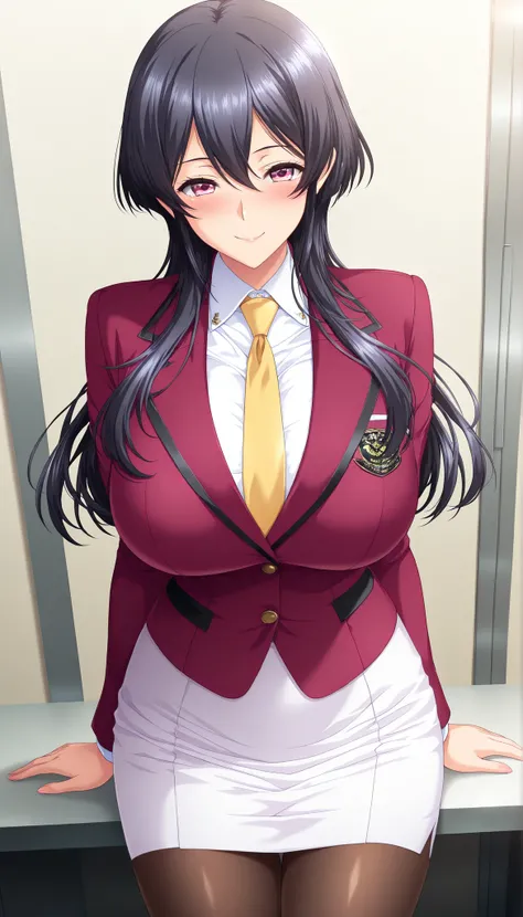 masterpiece, best quality, good quality, 1 girl, Kugayama Natsuki, pink eyes, black hair, sidehair, large medium breast, beautiful breast, perfect ratio, slim, game cg style, blush, horny, slutty, smile, red-maroon blazer, white collared shirt, yellow tie,...