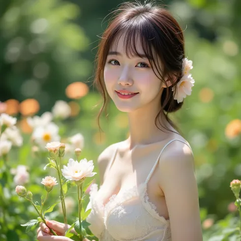  Girl in the Garden ,SGWN18clothing, F-cup with lace,flower々Top smiling Japanese idol enjoying gardening while being surrounded by、natural light、Clear Day、に囲まれながらガーデニングを楽しむ笑顔のトップ日本人アイドルバラやラベンダーなどの色とりどりのflowerに囲まれながらガーデニングを楽しむトップスマイルの日本人アイドル、manicured garde...