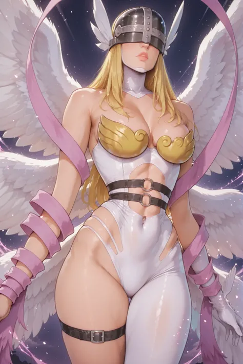 zzAngewomon, blonde hair, covered eyes, helmet, long hair, angel wings,,