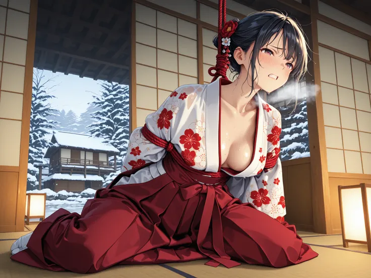 Woman in Japanese Kimono,white kimono, bound, bondage, bdsm, rope,red kimono, floral print,animal print,,kimono_cos, 1girl,japanese clothes, kimono,hakama,nsfw,ultra-aesthetic, anime style,{best quality}, {very aesthetic}, {ultra-detailed}, {best illustra...