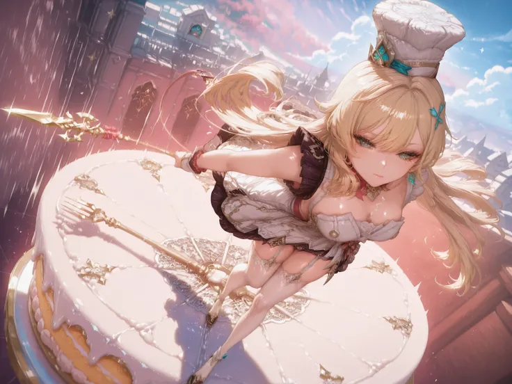 escoffier\(genshin impact\) a beautiful woman Carrying a giant cake slasher, Fresh Cream Front, A fairytale-like fantasy, movie poster style, in a cake world with tall sweets buildings,hold spear, motion blur, Vivid fantasy dessert battlefield, 1girl, s...
