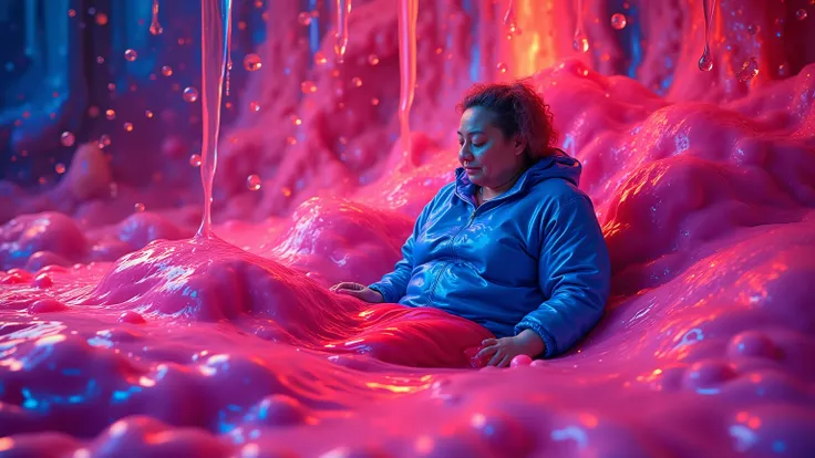 rainbowslime, a 58 year old fat obese asian woman wearing a blue latex jacket, wearing red latex pants, partially submerged in rainbowslime that is pink and orange with blue hues of metallic color, the slime is extremely thick and there are aurora in the s...